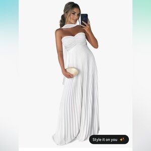 Pleated Strapless Maxi Formal Evening Gown with Long Scarf
